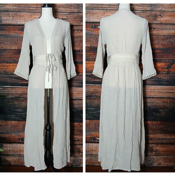 Rebellion Again Small Boho Kimono Duster Renaissance Cover Crochet Taupe - Picture 2 of 9